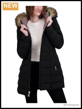 Long Quilted Puffer Jacket with Detachable Faux Fur Hood, Stretch Fabric